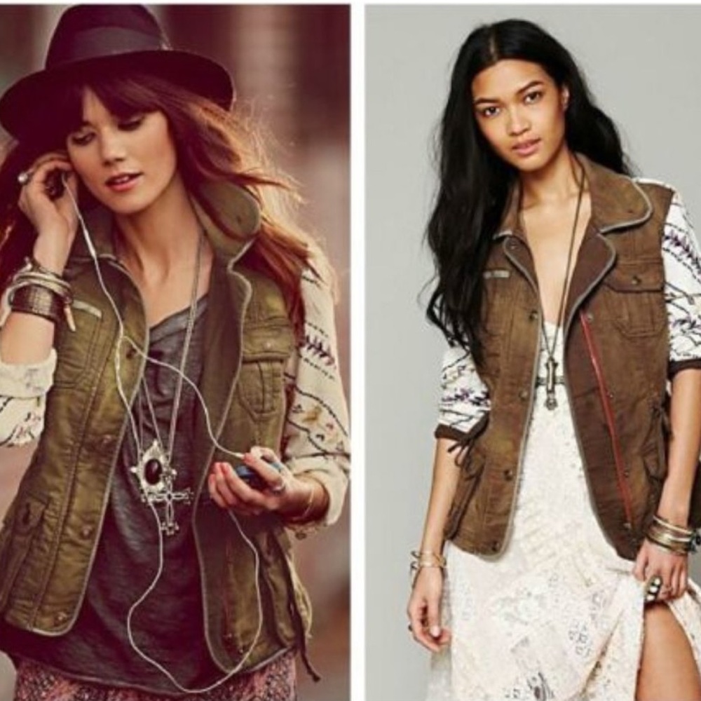 Free People 1970 Follow Your Heart Utility Jacket  Print Sleeves Medium